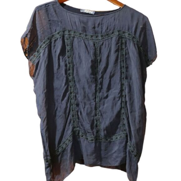 Giulia Navy Blue 100% Silk Lacy Top Medium - Picture 1 of 12